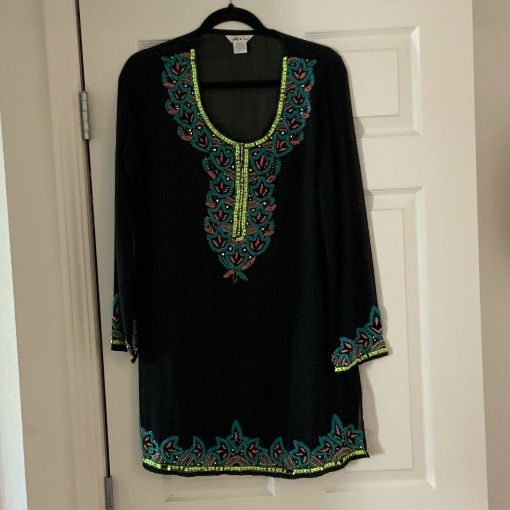 Embroidered Black Tunic Top with Teal & Lime Accents